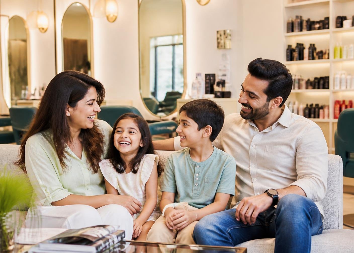 Indian family relaxing in the lounge at Silver9 The Family Salon