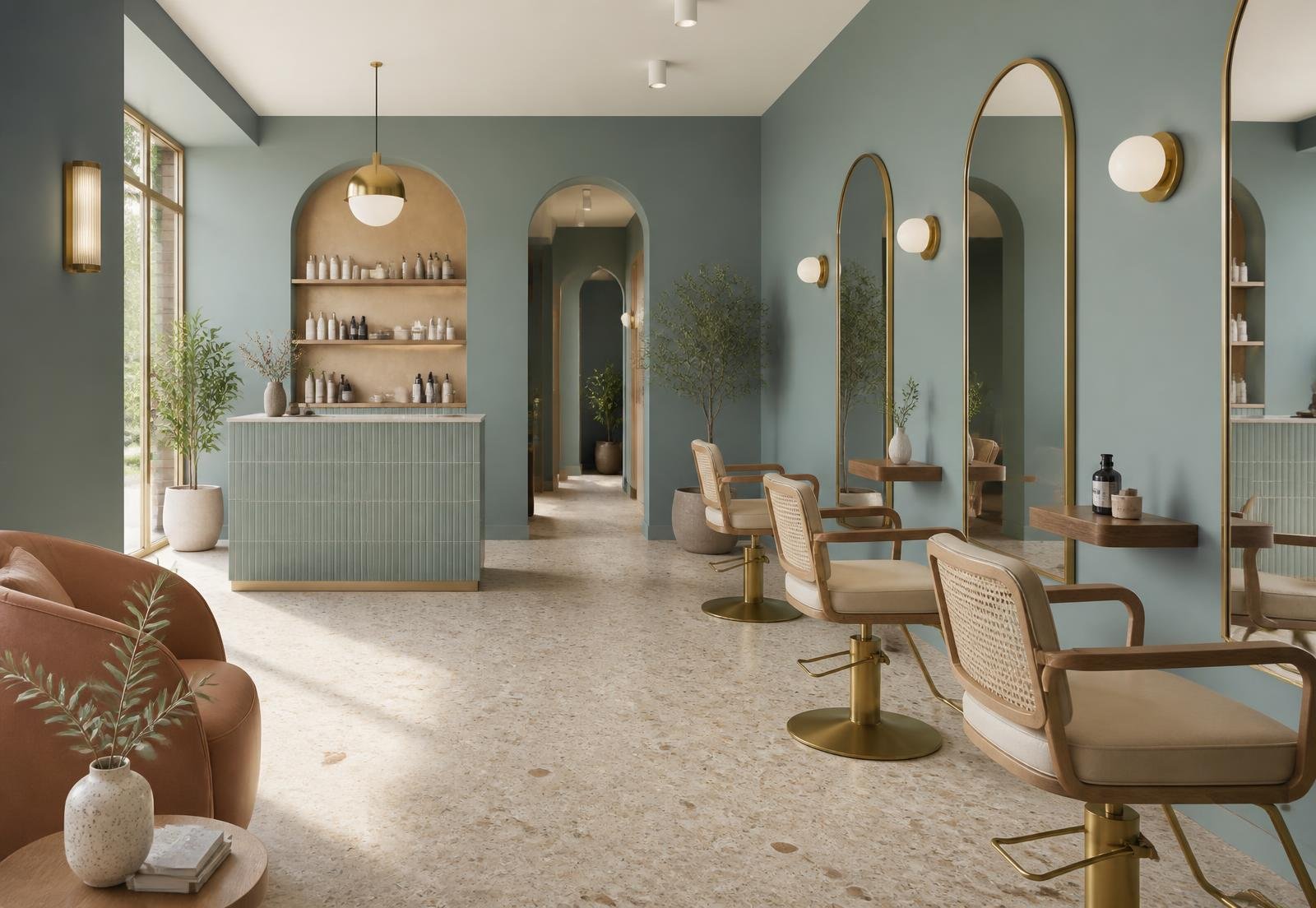 Modern dusty teal and cream interior of Silver9 The Family Salon